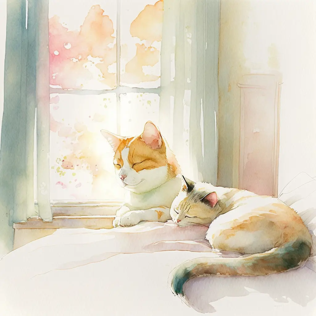 light watercolor, cat and a dog sleeping, bright, white background, few details, dreamy, Studio Ghibli